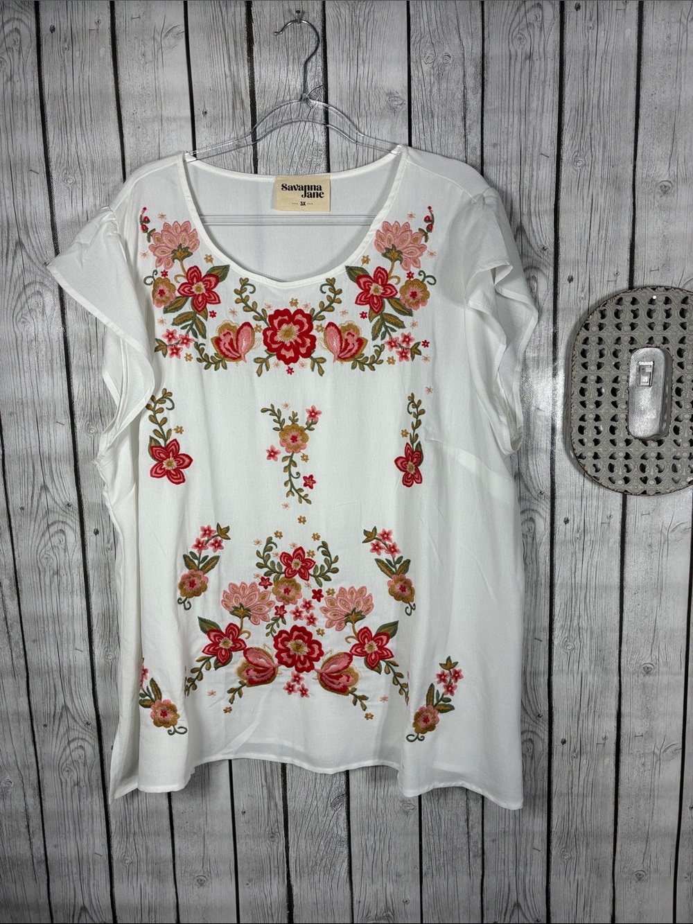 Savanna Jane| White Floral Embroidered Blouse Size 3X